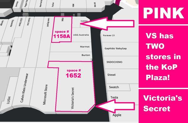 TWO separate stores in the King of Prussia Plaza. PINK is space # 1158A, Victoria's Secret is space # 1652. (Screenshot of mall directory.)