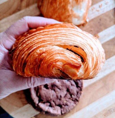 Usually if you see the multiple layers along the edge of a chocolate croissant, it's one sign of a possible good croissant.