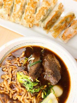 Beef ramen and potstickers