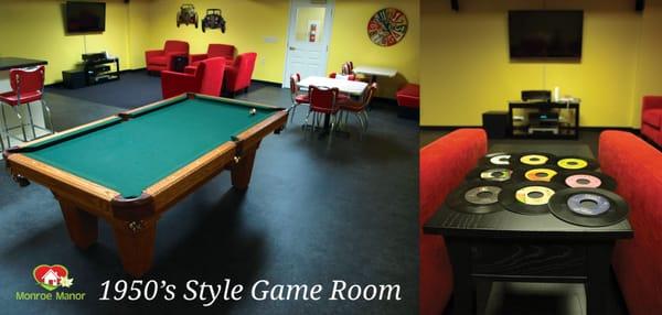 Monroe Manor has a 50's style game room for residents and guests to enjoy!