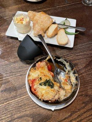 Pimento cheese with fried pork rinds, and Dad's tomato pie.