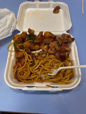 Jalapeño chicken, bourbon chicken and lo mein. (I had already taken some bites)