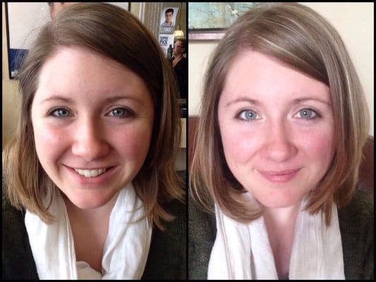 Before (Left) - natural color and dense cut. After (right) with lovely two-tone highlights and much more body. Ask for Erica!