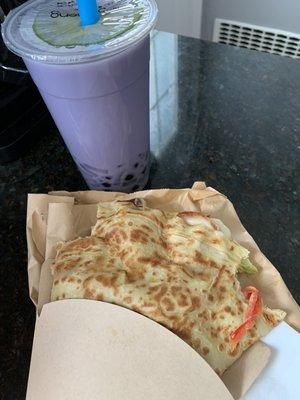 Taro Bubble tea and shrimp crepe