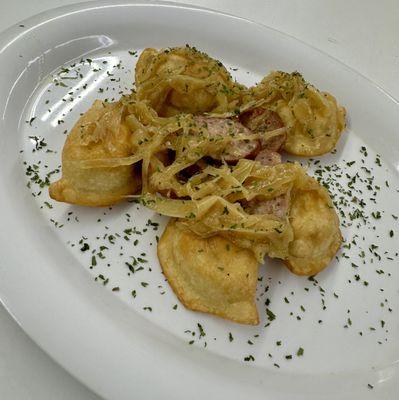 Deep Fried Pierogi w/ sausage and onions