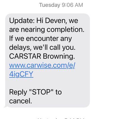 Third Text message from Carstar Browning.