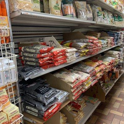 Wide selection of flours, rice, beans, spices