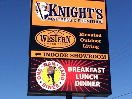 Our new pole sign or look for breakfast anytime on the awnings, we don't have the name posted on the building itself