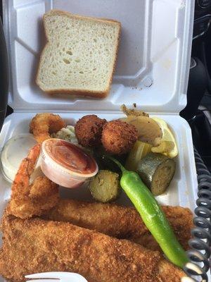 Fish and Shrimp Dinner with Stewed Vegetables and Coleslaw . . .