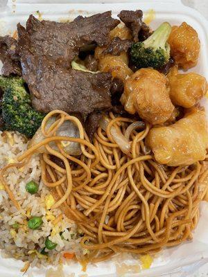 Orange chicken, Beef Broccoli, fried rice and noodles.