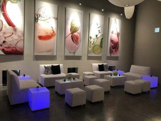 Lounge furniture section with led illuminated cubes