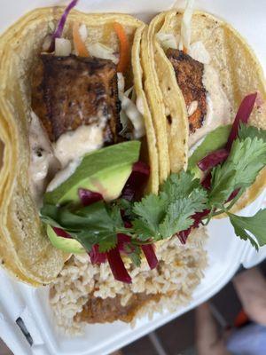 Grilled Steelhead fish tacos with brown rice. Incredible!