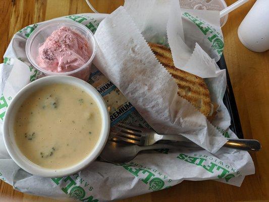 Broccoli soup, a half turkey panini and strawberry fluff salad.