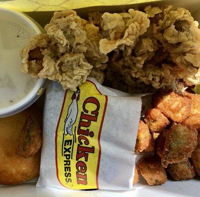 Gizzards and tenders with fried okra. Freshly cooked. It was pipping hot!