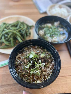 Dan Dan noodles, wontons, string beans