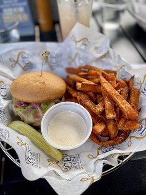 Black bean burger w/sweet potato fries.