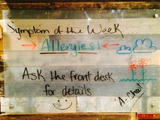 Symptom of the week = ALLERGIES! Chiropractic can alleviate allergic reactions and symptoms!