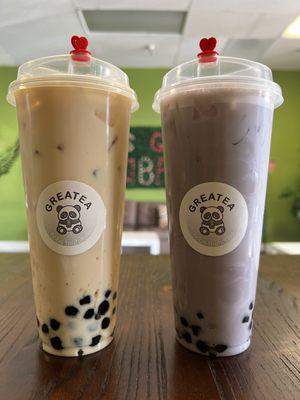 Caramel latte (left) & taro milk tea (right)