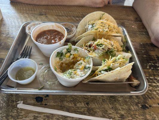 3 tacos, pinto beans and Street corn