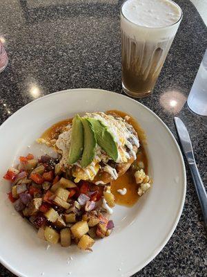 Huevos Rancheros, breakfast potatoes, and Caramel iced coffee