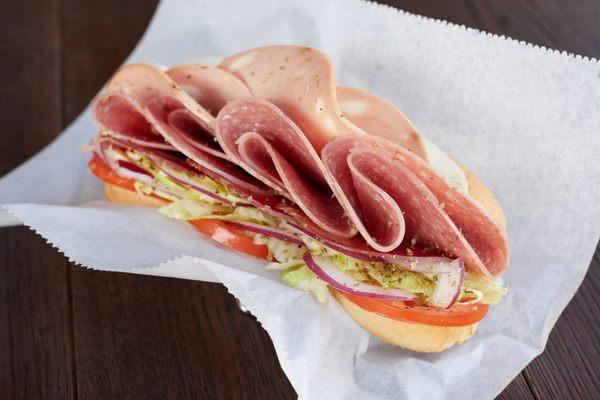 Our Italian Hoagie made with Mortadella, Genoa Salami and Hot Capicola.  Traditionally made with oil and vinegar.