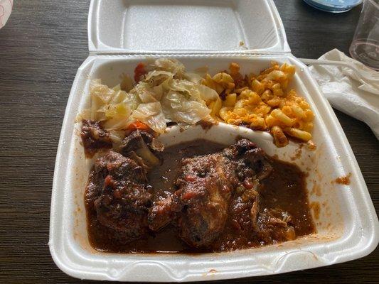 Jerk chicken, Cabbage, Macaroni and Cheese