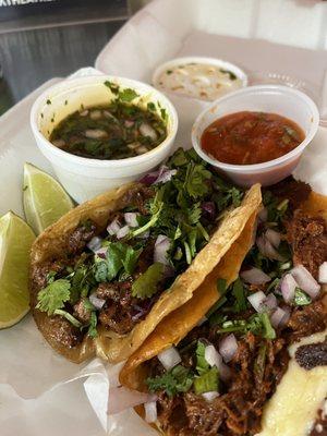 Steak taco (left) $3.99 and a Birria taco (right) $4.99   The steak taco is DELISH!