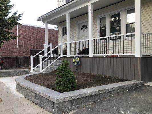 Front railings, sitting bench, front steps and loam