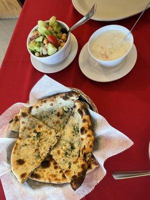 Chickpea salad, raita and spinach naan