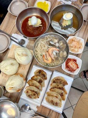 Kalguksu, kimchi pork & pork Wang mandoo, fried kimchi pork & pork mandoo, bibim naengmyeon, & mul naengmyeon (IG: @mylifeaskat_)