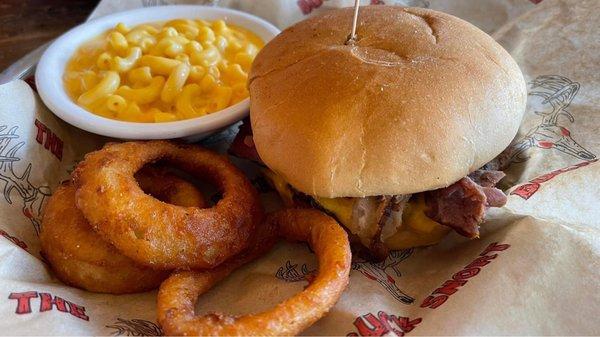 The swamp donkey, mac n cheese, and rings.