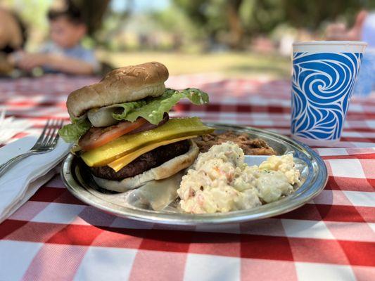 Big 'ol burgers for lunch w potato salad and baked beans