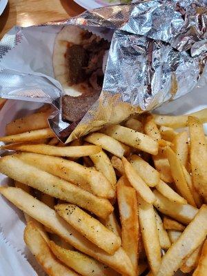 Gyro and French fries. Delicious and HUGE portions