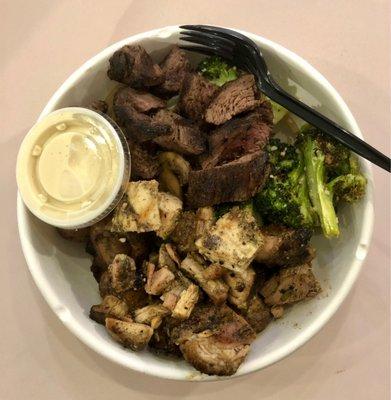 "Six" Bowl - 2 base, 2 protein & 2 veggie. In view, grilled chicken and steak, Parmesan broccoli and creamy ginger sauce.