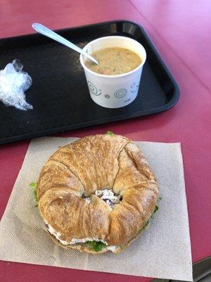 Chicken salad croissant and soup.