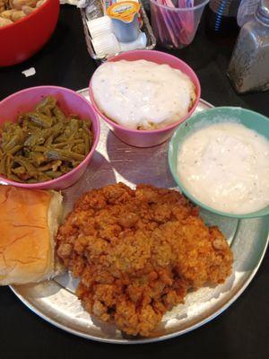 Chicken Fried Steak with mashed potatoes and green beans!  Wahoo!