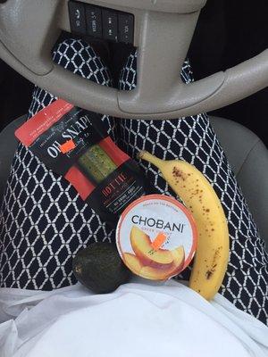 Needed healthy food on the go! Spicy pickle, avocado, chobani, and banana for just $4!!!