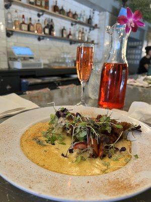 Fried lobster and Grits with Bottomless Mimosa (Cranberry)