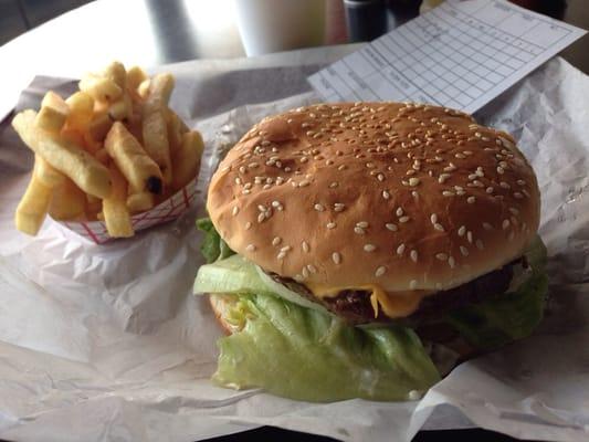 Bacon Cheeseburger, with fries.