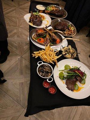 Skirt steak, Ribeye steak, fries, lamb chops