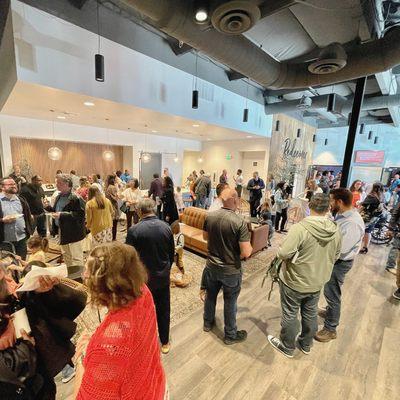 The cafe and lobby where people gather on Sundays before and after service.