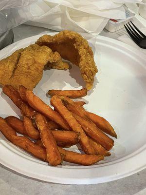 Fried catfish and sweet potatoe fries (wifey divides her meal. Much more given)