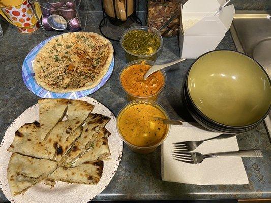 Cheese and Garlic Naan, Kheema Naan, Saag, Mango Curry, Tikka Masala