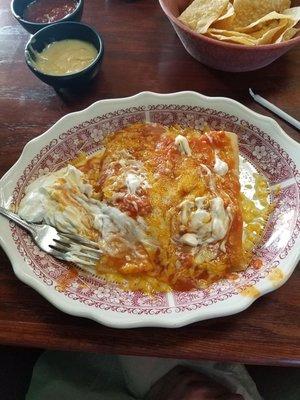 Cheese enchiladas with sour cream. Yum!