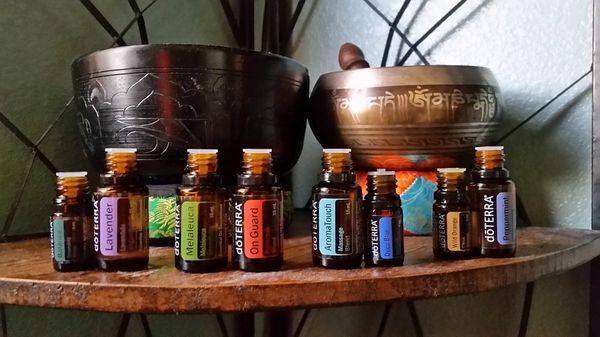 Some of the essential oils used in every session.