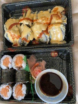 Salmon roll and volcano roll