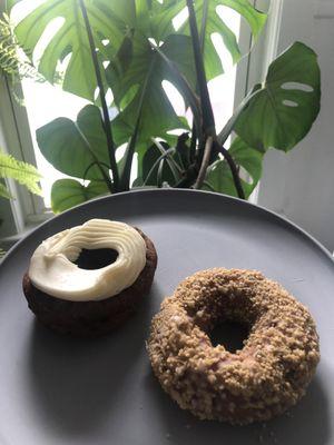 my go-to order... blueberry cake donut with cream cheese frosting, and butter crunch cake donut