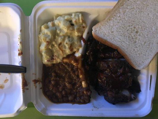 Rib Tips, Potato Salad, BBQ Beans