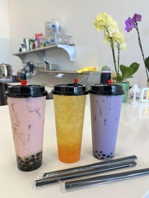 Strawberry , green tea with mango boba , taro