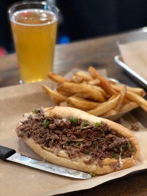 Small Custom Cheesesteak (provolone, peppers, mushrooms) w/fries and Sam Adams Cold Snap